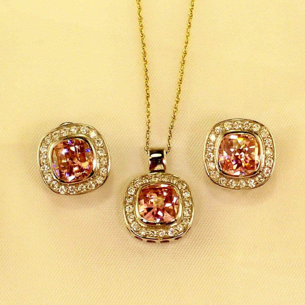 NEW Charles Winston Pink Doublet Cubic Zirconias Silver Necklace, Earrings